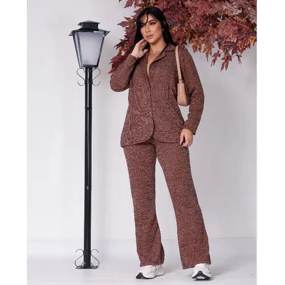 Conjunto Feminino Blazer e Calça Social Cintura Alta Malha Ribana Tendência Outono Inverno