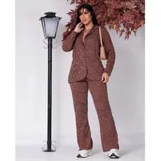 Conjunto Feminino Blazer e Calça Social Cintura Alta Malha Ribana Tendência Outono Inverno