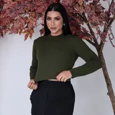 Blusa Cropped Feminina Manga Longa Gola Alta Cacharrel  Canelado Tendência Inverno Outono