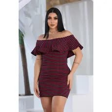 Vestido Tubinho Feminino Ciganinha Listrado Com Babado Ombro a Ombro Tendência Fashion