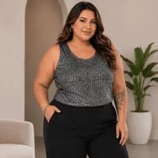 Regata Feminina Paetê Plus Size Curve Com Brilho Forrada Moda Premium Elegante Festa
