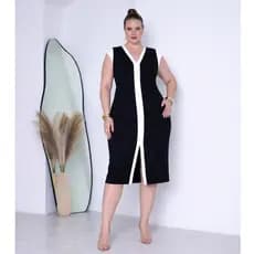 Vestido Midi Feminino Bicolor Curve Plus Size Com Bolsos e Fenda Frontal Moda Fashion