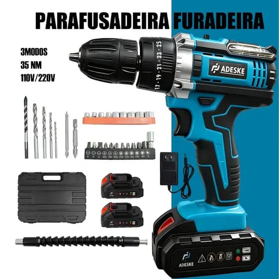 Kit Furadeira Parafusadeira Modelos 2 e 3 Funções, Conjunto Completo de Acessórios