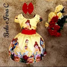 Vestido temático infantil festa aniversário personagem bela fera