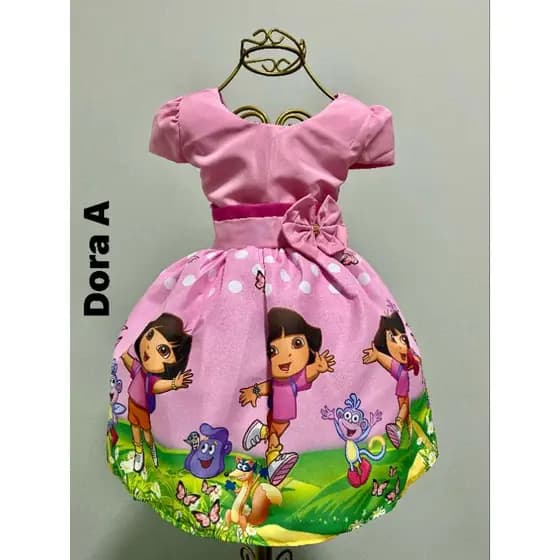 Vestido temático infantil festa aniversário personagem Dora Aventureira