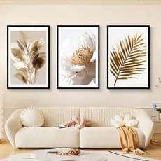 Quadros Decorativos Folhas Crisântemos Ramos dourados Sala de estar Decoração de parede