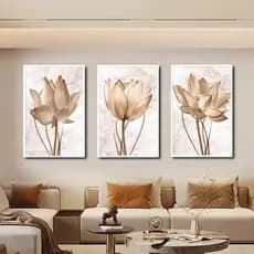 Kit 3 Peças Quadros Decorativos Mdf Flores Ton Cobre Gold Folhas Moldura Para Quarto Sala Escritório