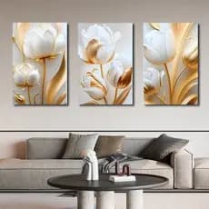 Quadros Decorativos KIT 3 40x60cm Sala Flores Tulipas Brancas Gold Flor 4k