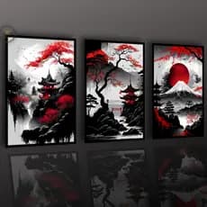 KIT 3 Quadros Decorativos Arte Oriental Moderna Estilo Japonês Sala de Estar Quarto Decoração de Parede