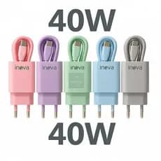 Carregador Turbo 40W Inova Original 2 Entradas Tipo C e USB Com Cabo 1m Proteção Inteligente Anatel