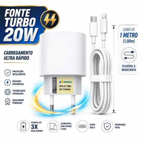 Carregador Turbo 20W USB-C Para IPhone 11 12 13 14 Rápido Completo Com Cabo 1m Fonte de Tomada