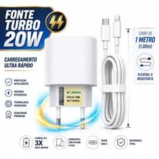 Carregador Turbo 20W USB-C Para IPhone 11 12 13 14 Rápido Completo Com Cabo 1m Fonte de Tomada