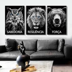​​Kit 3 Quadros Decorativos Coruja Leão Urso Sabedoria Resiliência Força Preto Branco Quadro Sala Moderno