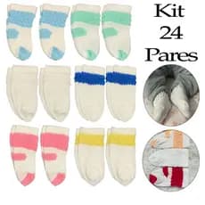 Kit 24 Pares de Meias Bebê Infantil RN Recém Nascido (0 a 12 Meses) Menino Menina Masculino Feminino (12 Pares)