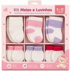 Kit 3 Pares Meias + 3 Pares Luvas Enxoval (0 a 12 Meses) Menino Menina RN Bebê Recém-Nascido Infantil