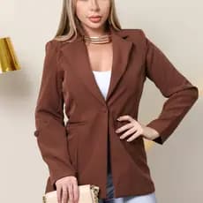Blazer Max Feminino Estruturado com Forro e Ombreiras Manga 3/4 Alfaiataria Social