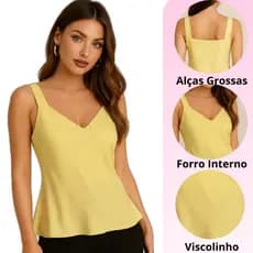Regata Feminina Alça Larga Verão Blusa Decote Em V Com Forro No Tecido Viscolinho Leve e Fresco