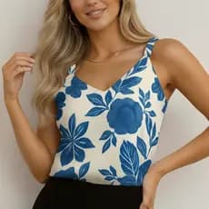 Regata Feminina Alças Trançadas Decote Em V  Estampado Floral Blusa Verão Tecido Duna Social/Casual