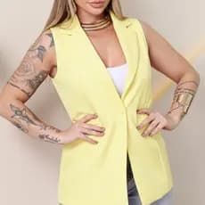 Colete Alongado Max Feminino Forrado Entretelado Com Bolsos Botão Encapado Alfaiataria Elegante
