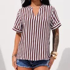 Blusa Social Manga Curta Listrada Feminina Viscolinho Primium Estampado Elegante Verão Moda Casual