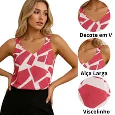 Blusa Regata Feminina Alça Larga Estampada Decote V - Básica Fresca Elegante para o verão Viscolinho