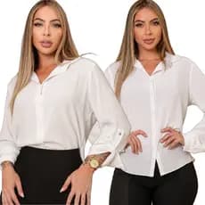 Camisa Social Feminina Branca Duna Premium Chamise Liso Casual Manga Longa Com Elastano  M.G.GG