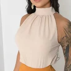 Blusa Feminina Regata  Gola Alta Com Amarração Nas Costa No Tecido Duna Para o Verão