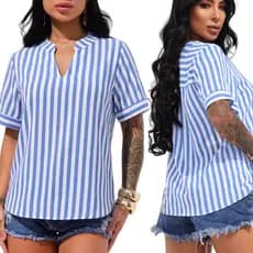 Blusa Feminina Listrada Decote V Elegante Viscolinho Premium Casual Social Moda Promoção