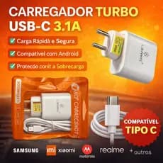 Carregador Turbo 3.1A Tipo C + Cabo USB-C LEHMOX Carregador Rápido Android Samsung Xiaomi Motorola
