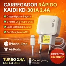 Carregador Rápido KAIDI KD-301A 2.4A Duplo USB + Cabo Lightning iPhone Carregador Turbo Celular