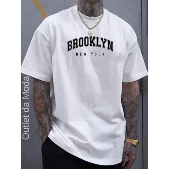 Camiseta Masculina Camisa casual BROOKLYN bco 100% Algodão malha 30.1