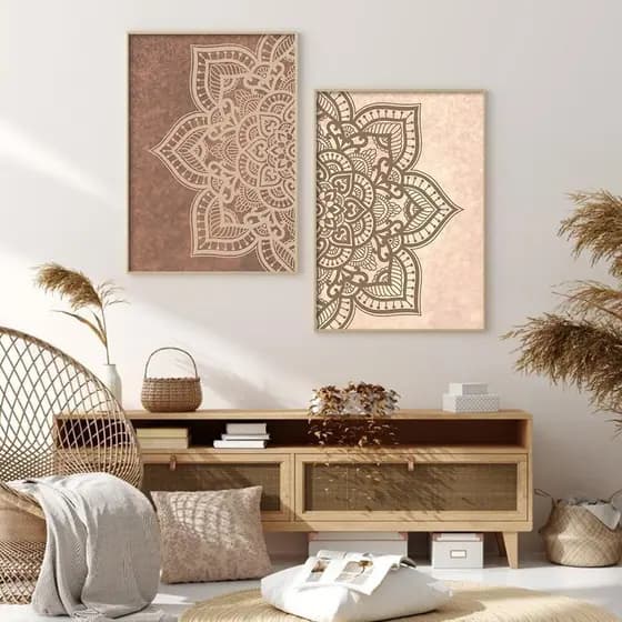 2 pcs Quadro decorativo Mandala Flower Castanho claro Decoração requintada para sala de estar e quarto