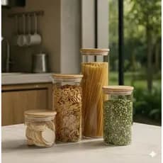Potes Vidro Herméticos Tampa De Bambu Jogo De 4 Peças Transparente Alimentos Café Arroz Macarrão Grãos