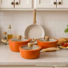 Conjunto De Panelas 4 Peças Laranja Cerâmica Antiaderente Compatível fogo e indução