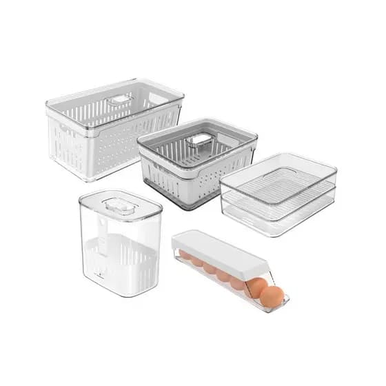 Kit Organização Geladeira Ou Clear Fresh 5 Peças Porta Frios, Organizadores, Porta Ovos e Temperos