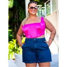 Short Jeans 100% Feminino Cos Alto Plus Size Jeans Premium Short Plus Size Feminino
