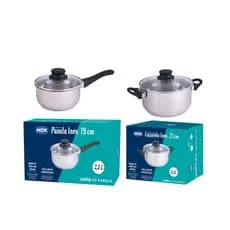 Jogo de Panelas Inox MOR – Panela 19 cm + Caçarola 21 cm com Tampa de Vidro e Fundo Triplo