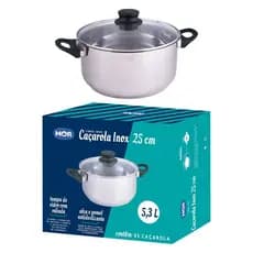 Caçarola Inox Mor 25 cm 5,3L Fundo Triplo Tampa Vidro Antideslizante