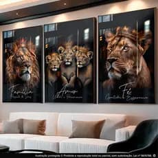 Quadro Decorativo Trio Família Leão Rei Rainha Filhotes Príncipes Amor Fé para Sala Quarto Hall