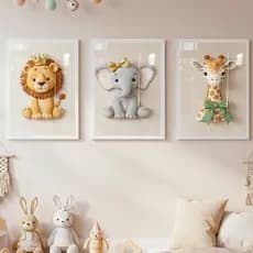 Kit 3 Peças Quadros Infantil Bebê Safari Elefantinho Leãozinho Girafinha Fofos Quarto