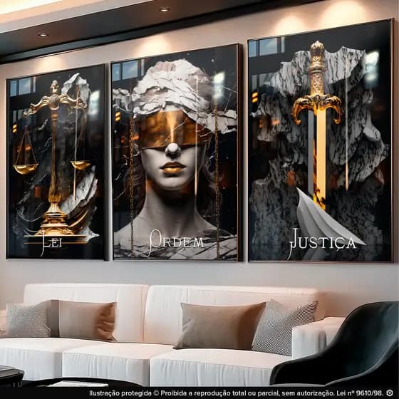 Quadro Decorativo 3 Peças Para Escritório Advogados Espada Balança Deusa Grega da Justiça Hall