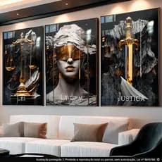 Quadro Decorativo 3 Peças Para Escritório Advogados Espada Balança Deusa Grega da Justiça Hall
