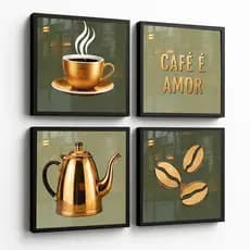 Quadrinhos Decorativos 4 Peças Cantinho Do Café Gourmet Grãos Verde e Dourado Cozinha