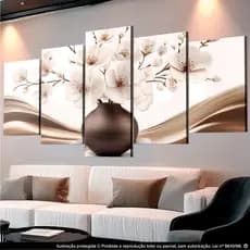 Quadro Decorativo 5 peças Jarro de Flor Delicada Cor Neutro Moderno para Sala Escritório Cozinha