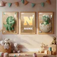 Painel De Quadros Decorativos Infantil Menino Dinossauro Verde Dourado Nome Personalizado