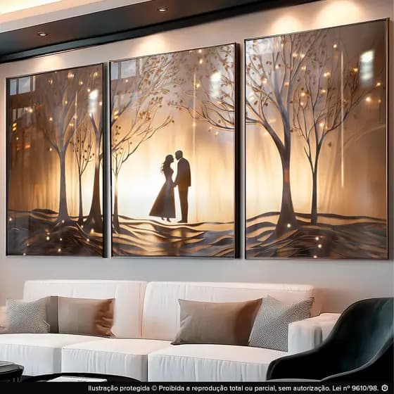 Trio de Quadros Decorativos para Quarto Casal Romântico Floresta Amor Delicado Hall
