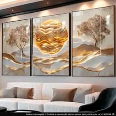Quadro Decorativos 3pçs Abstrato Geométrico Árvores Lua Dourado Moderno para Sala Escritório
