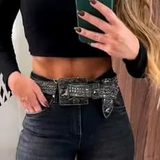 Cinto Feminino Country Plus  Strass Brilhos Ocidental Cowboy Tachas Blogueira  Balada Festival镂空头加长
