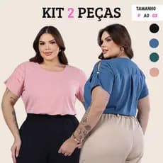 Kit 2 Blusas Femininas Manga Curta Detalhe Ombro Tecido Leve Confortável
