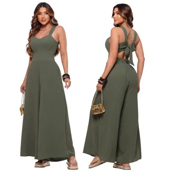 Macacão Feminino Longo Festa Pantalona Amarração nas Costas Com Bolsos Elegante Confortável 38 ao 46